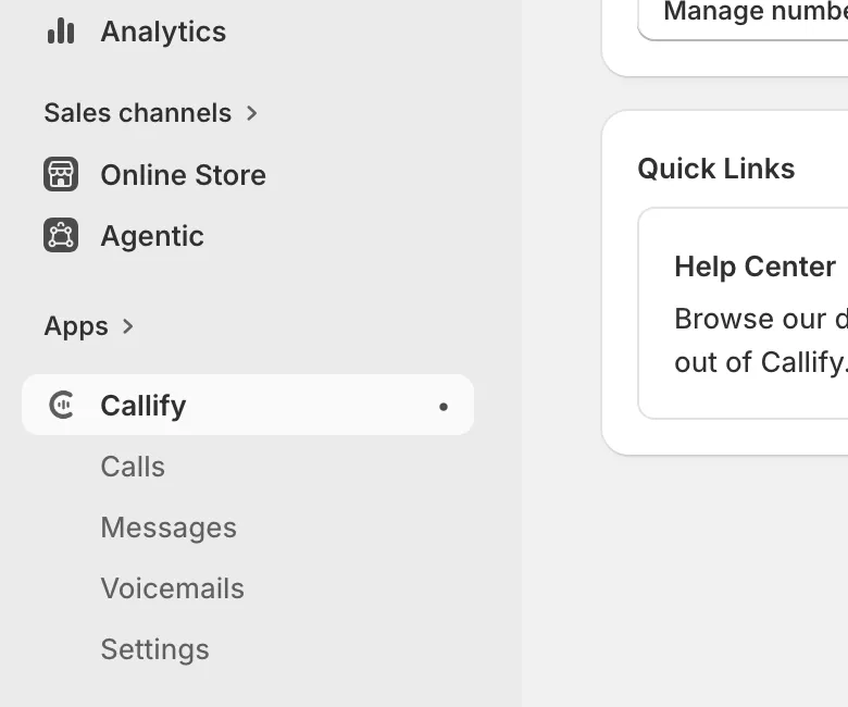 Callify in the Shopify admin sidebar under Apps, with its home page open beside it.