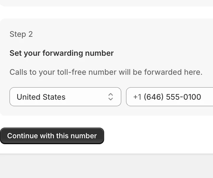 Callify's forwarding number step, with a US mobile number entered and the Continue with this number button.