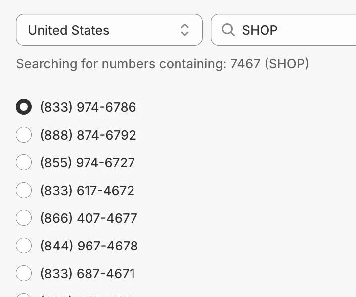 Callify's number search with SHOP typed in, listing available toll-free numbers that contain 7467.