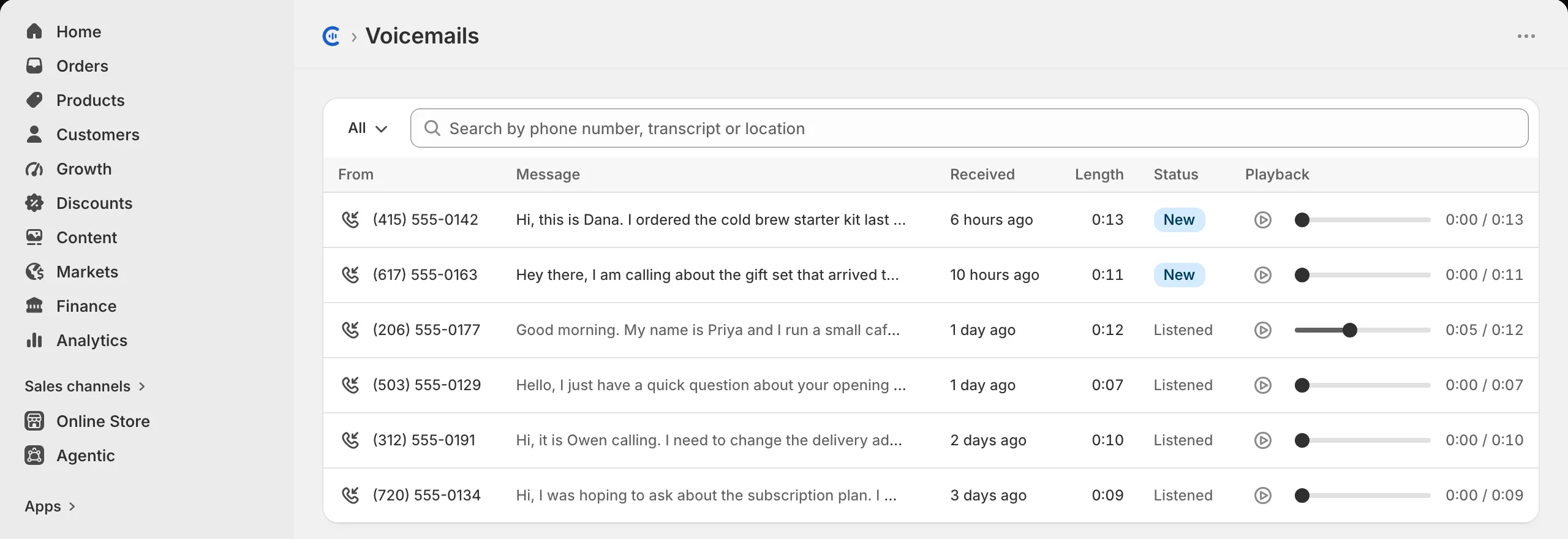 Callify's Voicemails page inside the Shopify admin: each voicemail listed with the caller's number, the message written out as text, when it arrived, its length and a player.